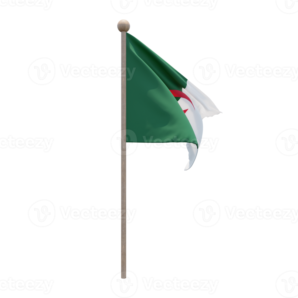 Algeria 3d illustration flag on pole. Wood flagpole png