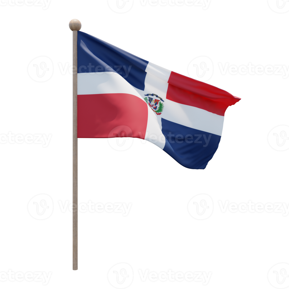 Dominican Republic 3d illustration flag on pole. Wood flagpole png