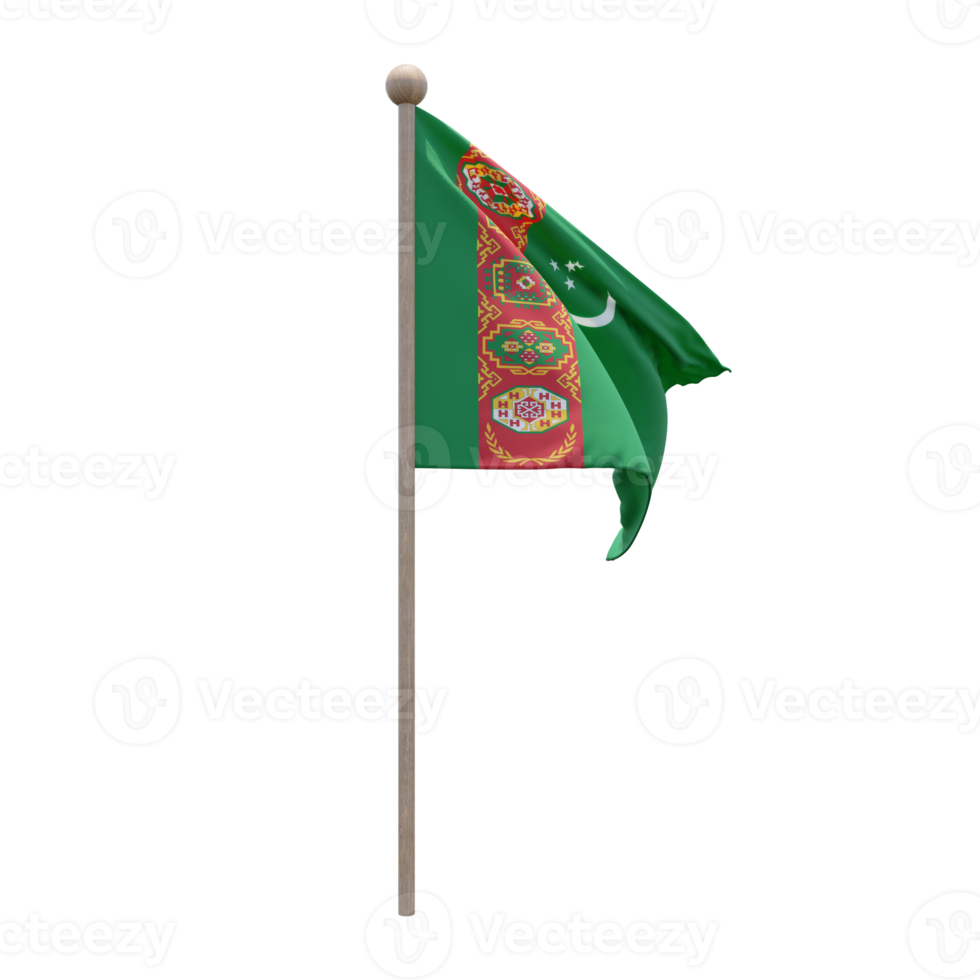 Turkmenistan 3d illustration flag on pole. Wood flagpole png