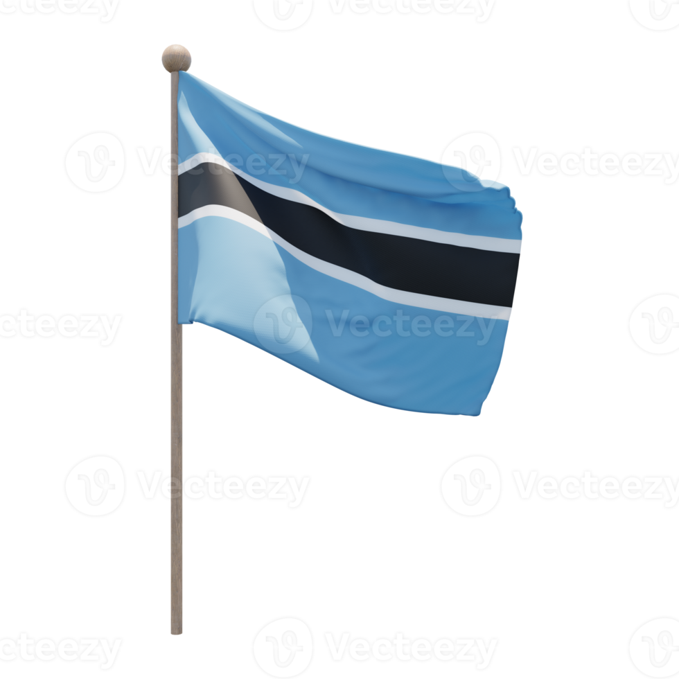 Botswana 3d illustration flag on pole. Wood flagpole png