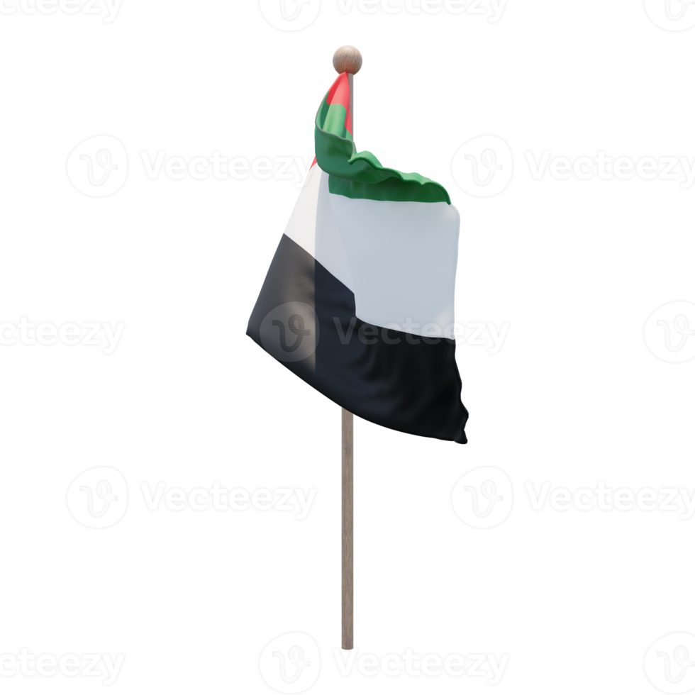 United Arab Emirates 3d illustration flag on pole. Wood flagpole png