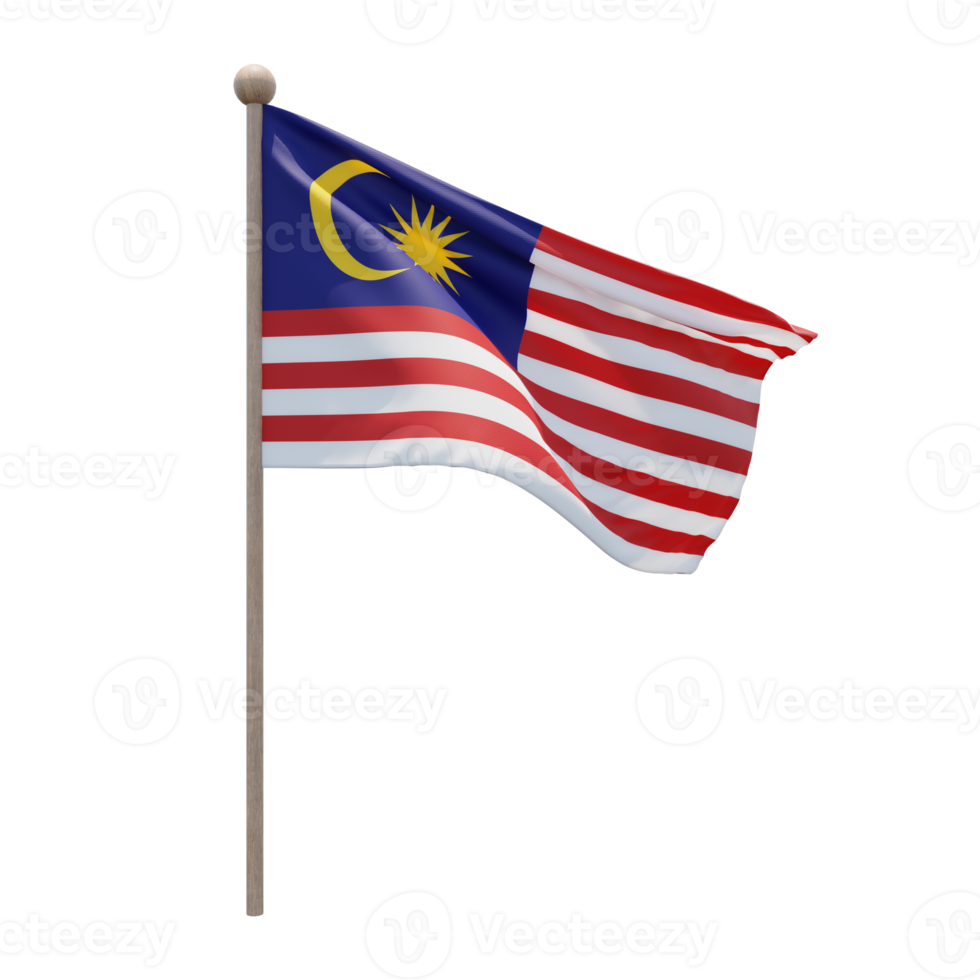 Malaysia 3d illustration flag on pole. Wood flagpole png