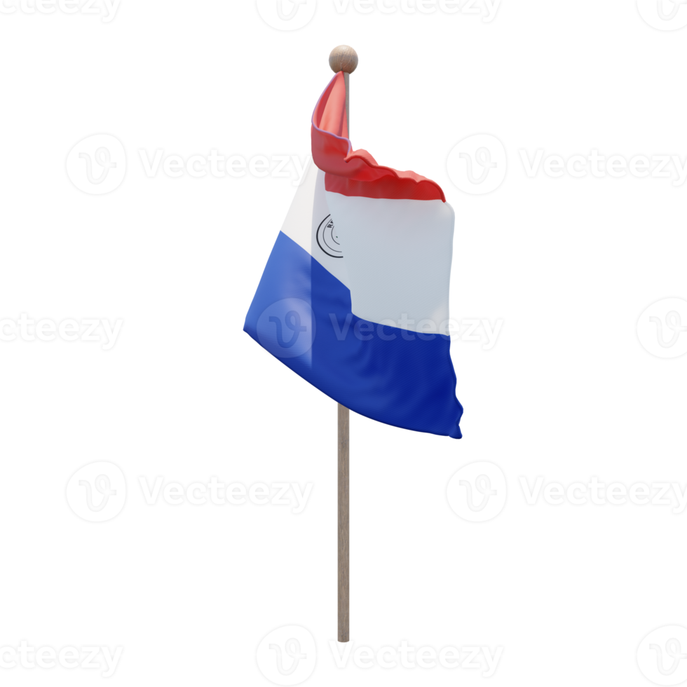 Paraguay 3d illustration flag on pole. Wood flagpole png