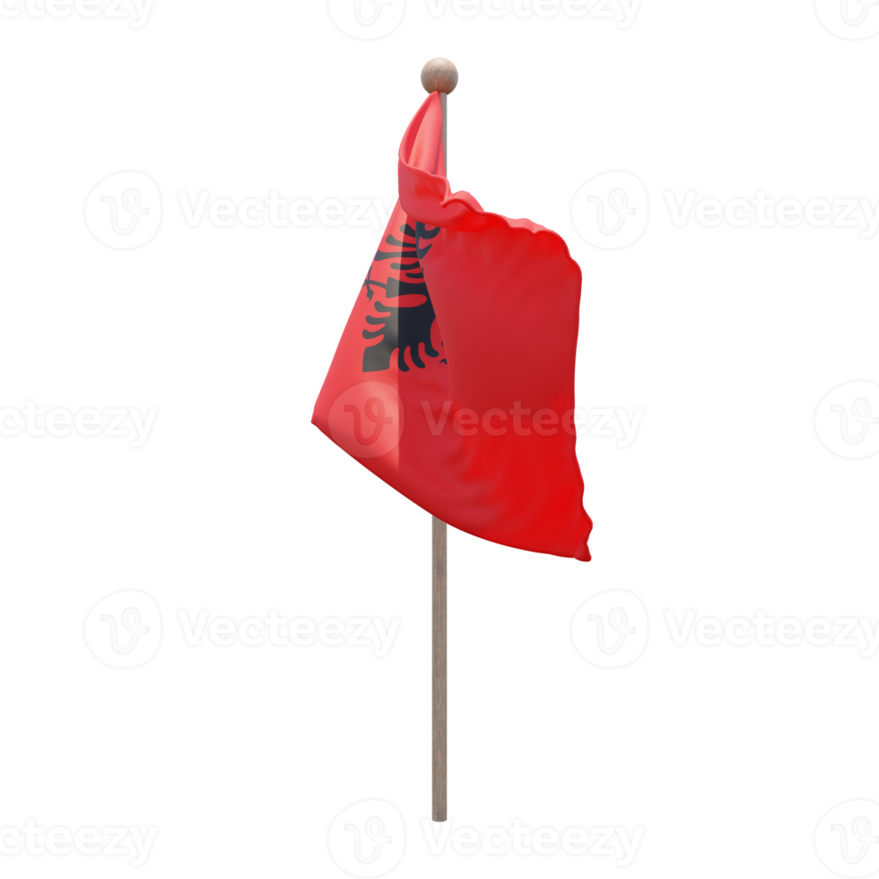 Albania 3d illustration flag on pole. Wood flagpole png