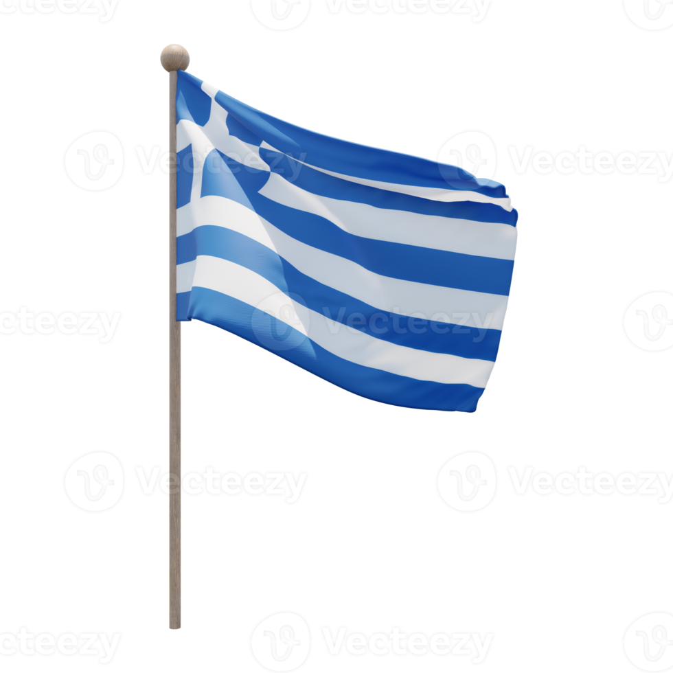 Greece 3d illustration flag on pole. Wood flagpole png
