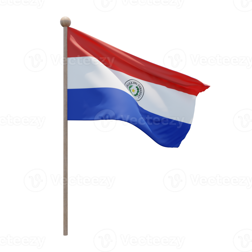 paraguay 3d ilustración bandera en el poste. asta de bandera de madera png