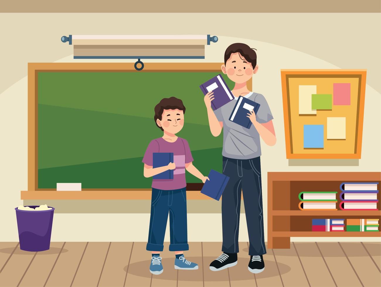 dad and son in classroom vector