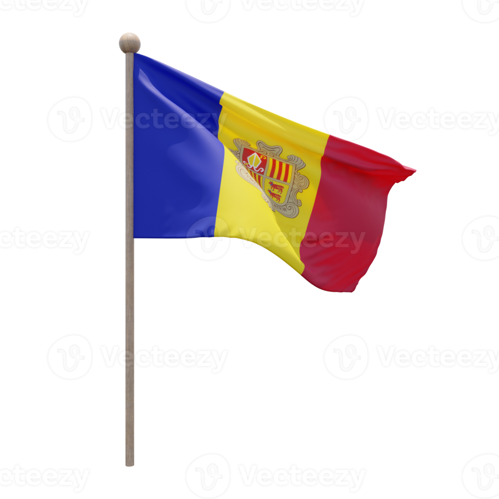 Andorra 3d illustration flag on pole. Wood flagpole png