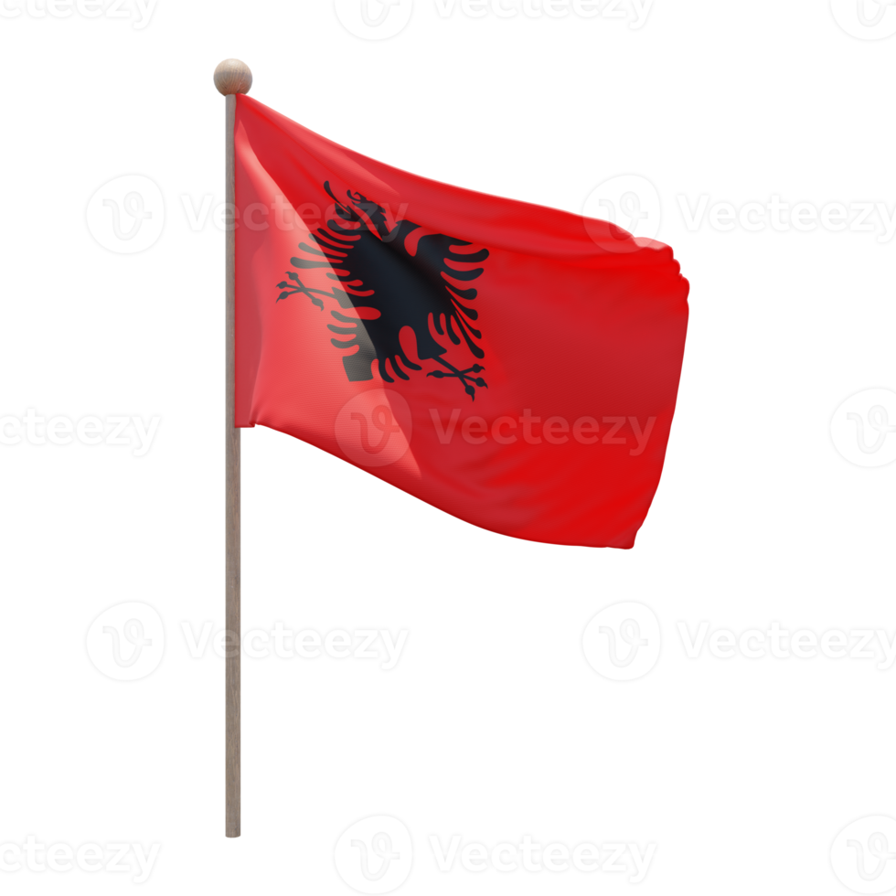 Albania 3d illustration flag on pole. Wood flagpole png