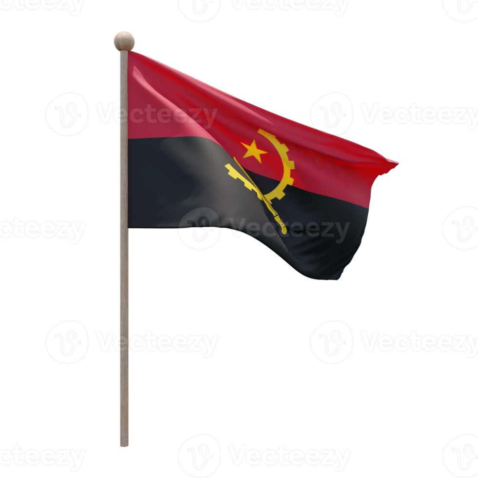 Angola 3d illustration flag on pole. Wood flagpole png