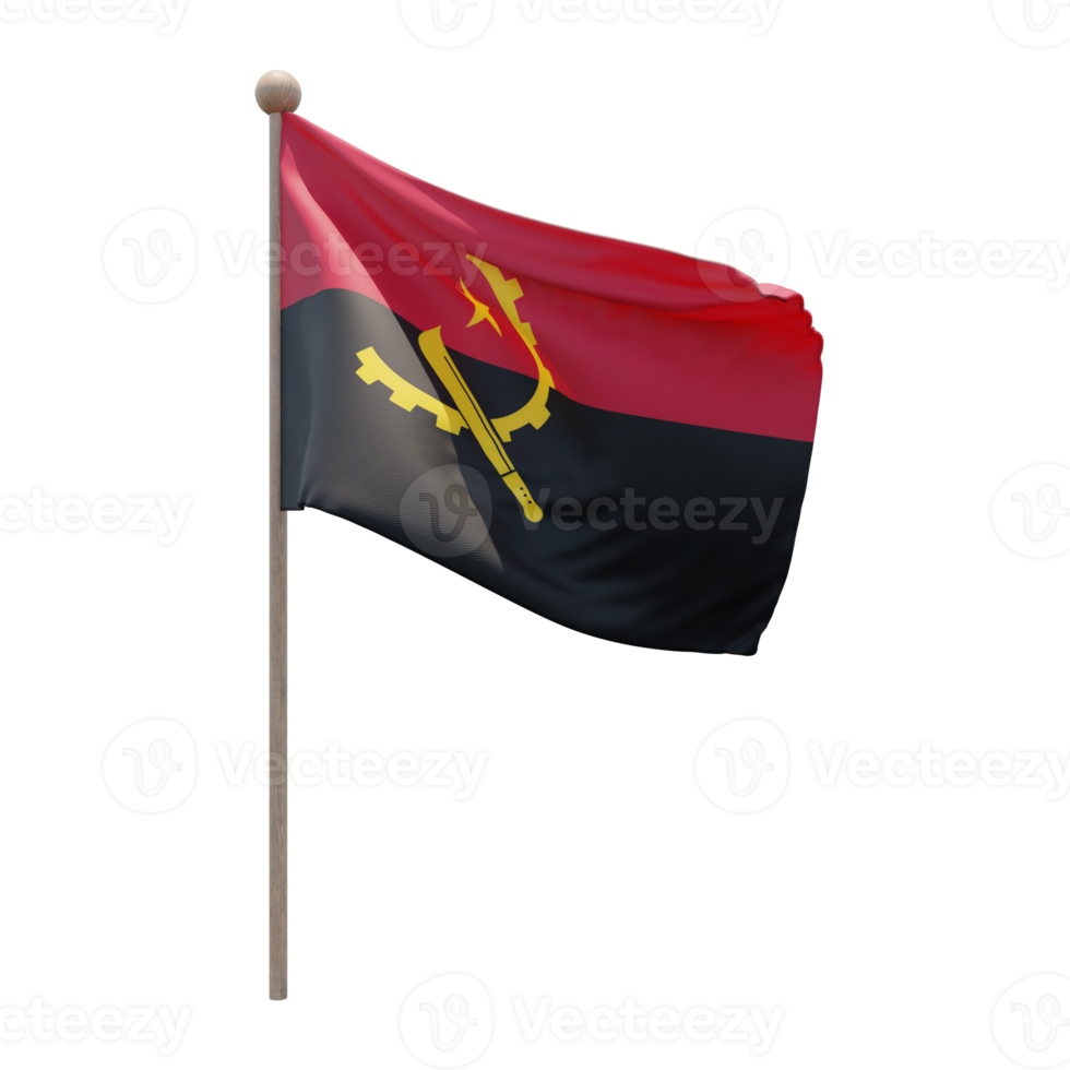 Angola 3d illustration flag on pole. Wood flagpole png