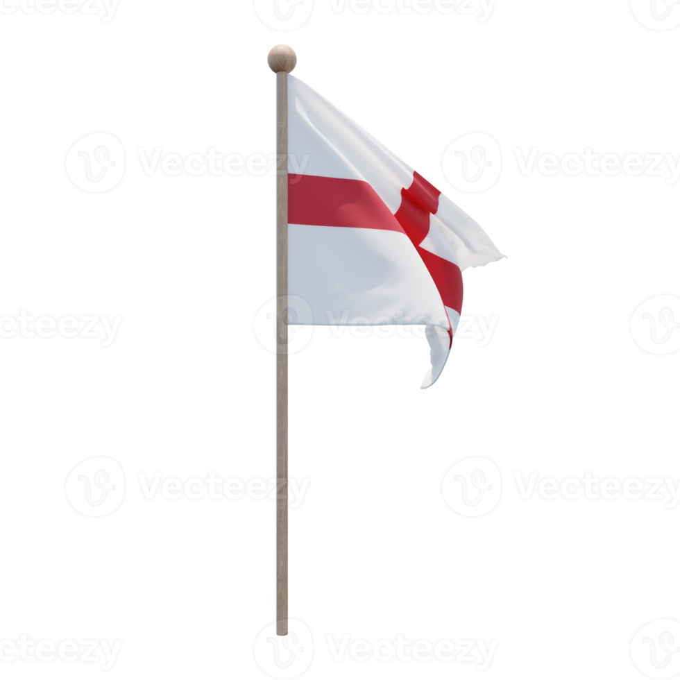 England 3D-Darstellung Flagge auf der Stange. Fahnenmast aus Holz png