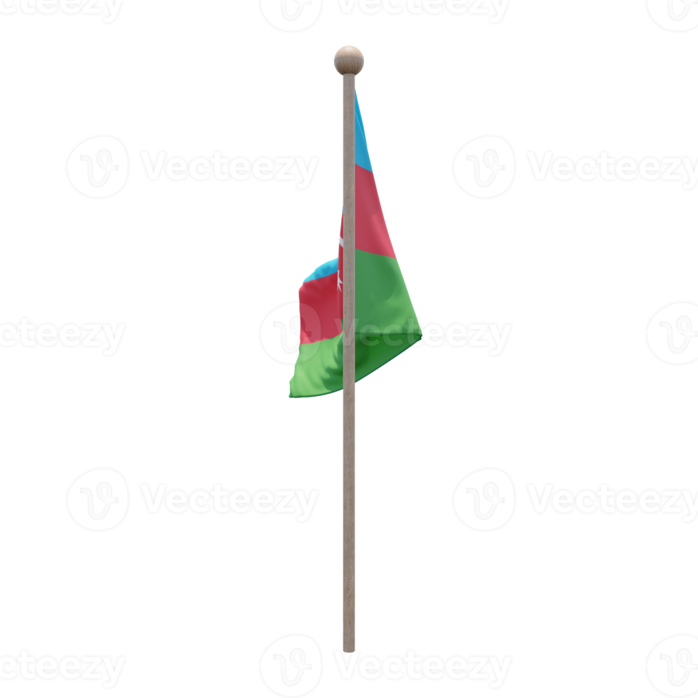 Azerbaijan 3d illustration flag on pole. Wood flagpole png