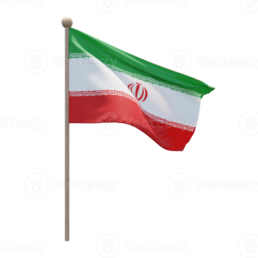 Iran 3d illustration flag on pole. Wood flagpole png