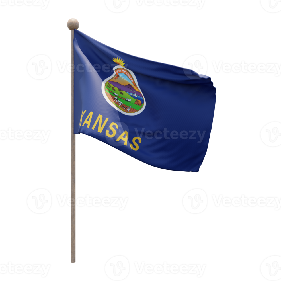 Kansas 3d illustration flag on pole. Wood flagpole png