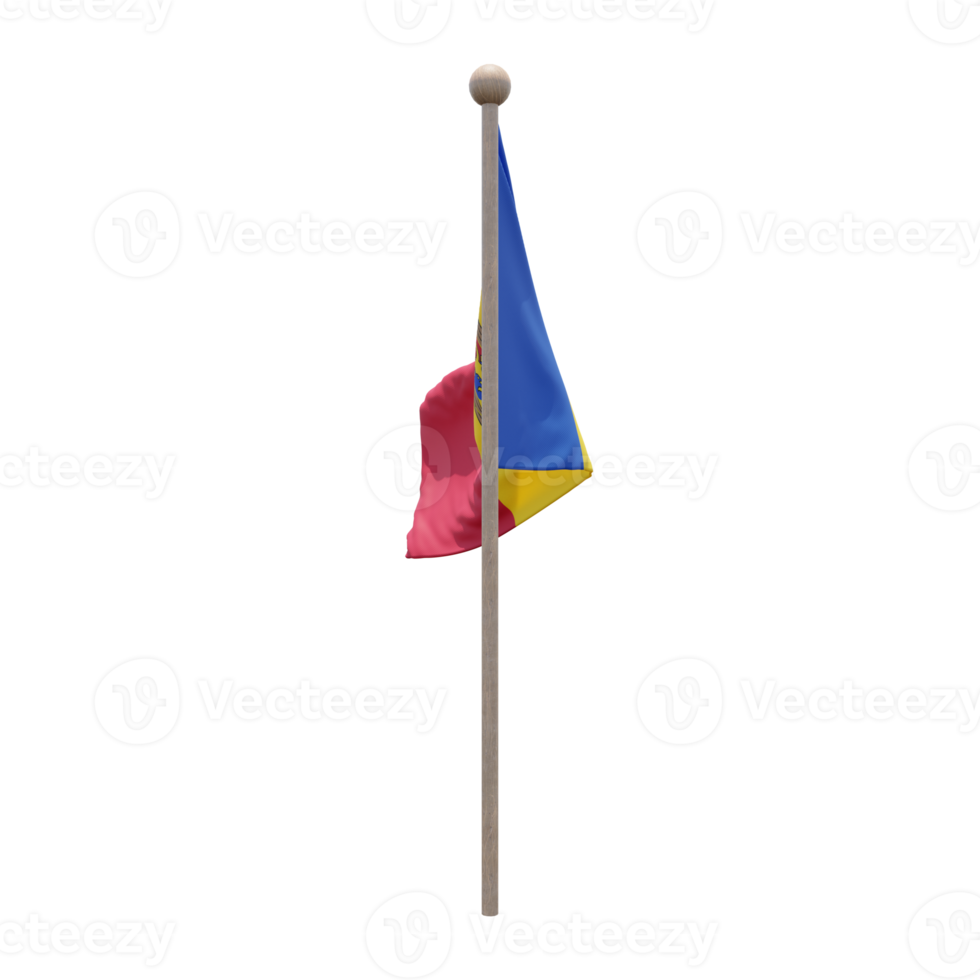 Moldova 3d illustration flag on pole. Wood flagpole png