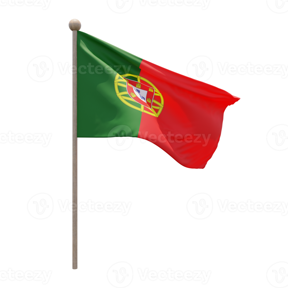 Portugal 3d illustration flag on pole. Wood flagpole png