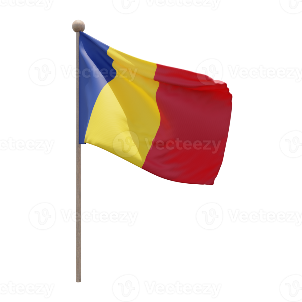 Romania 3d illustration flag on pole. Wood flagpole png