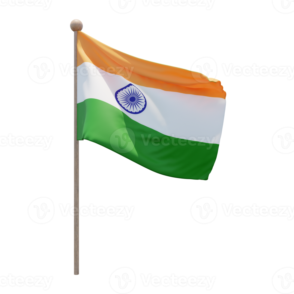 India 3d illustration flag on pole. Wood flagpole png