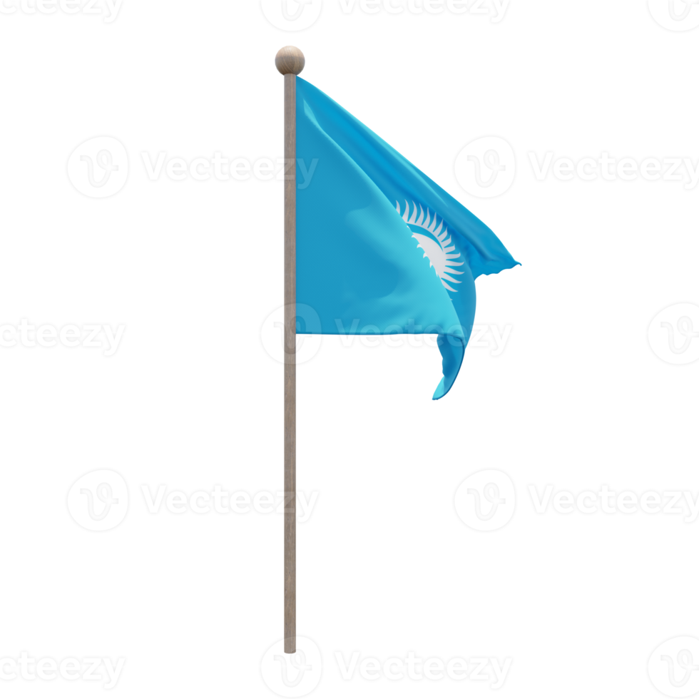 Turkic Council 3d illustration flag on pole. Wood flagpole png