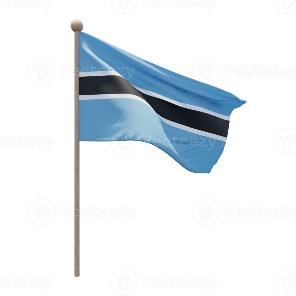 Botswana 3d illustration flag on pole. Wood flagpole png