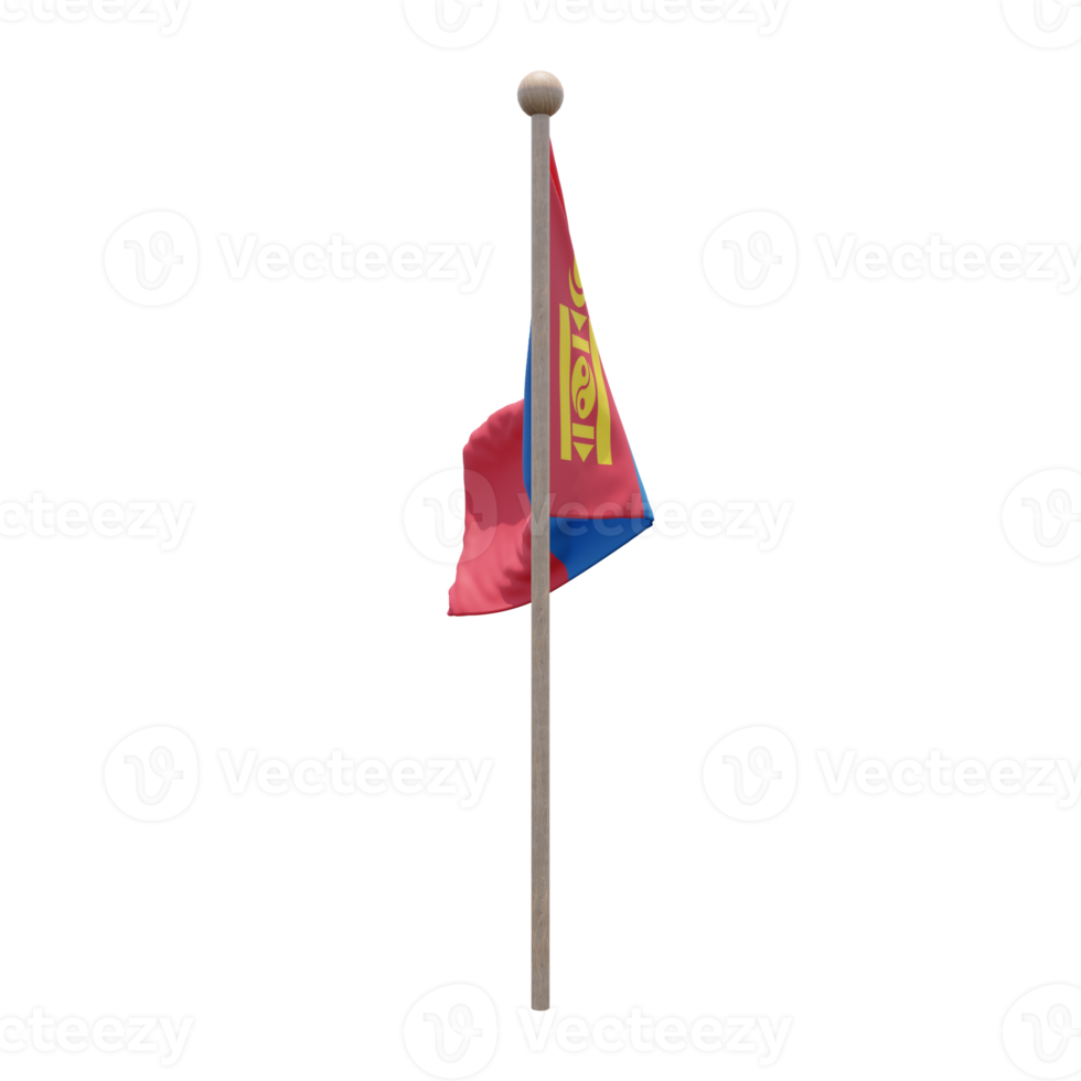 Mongolia 3d illustration flag on pole. Wood flagpole png