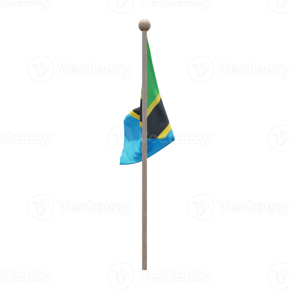 Tanzania 3d illustration flag on pole. Wood flagpole png