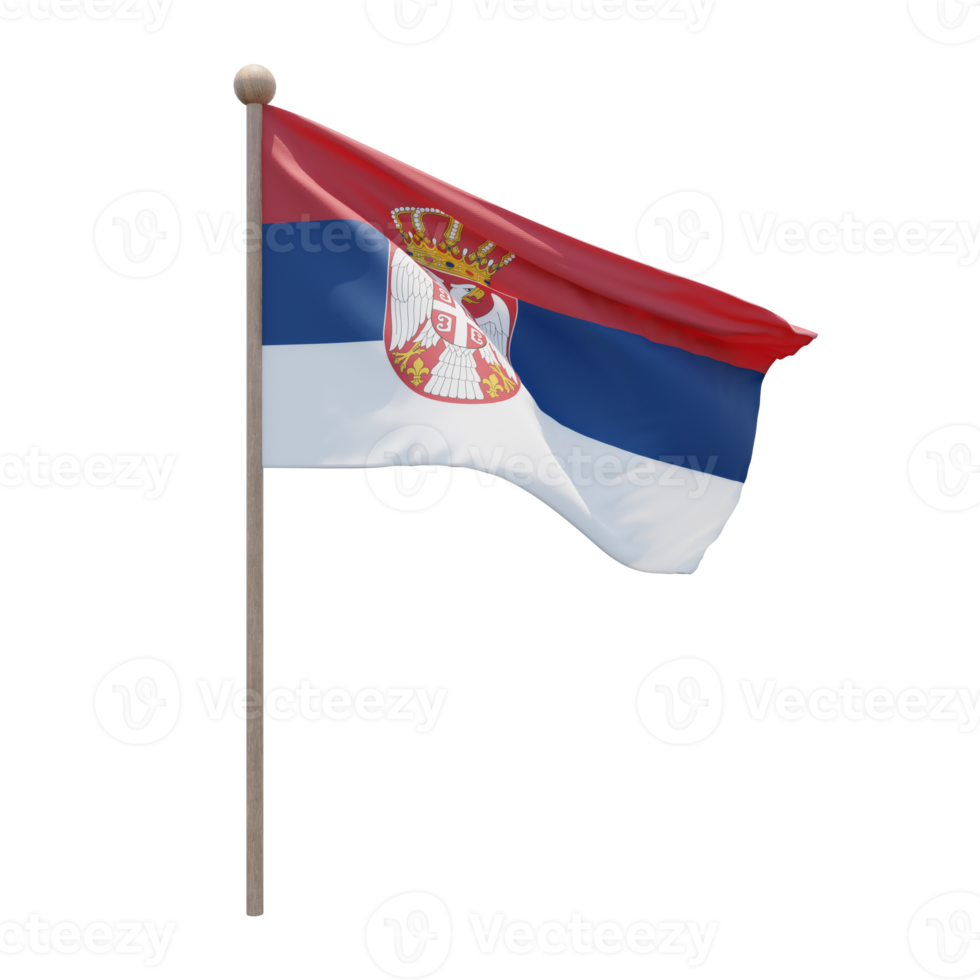 Serbia 3d illustration flag on pole. Wood flagpole png