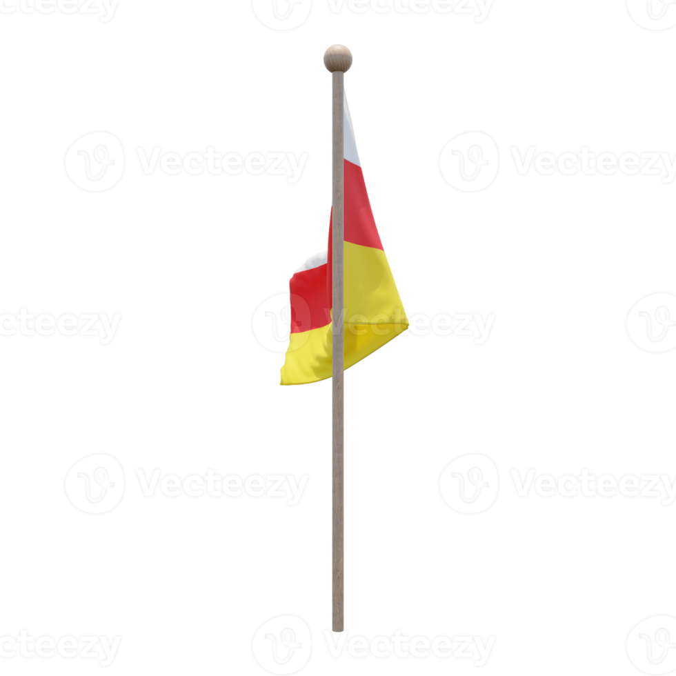 South Ossetia 3d illustration flag on pole. Wood flagpole png