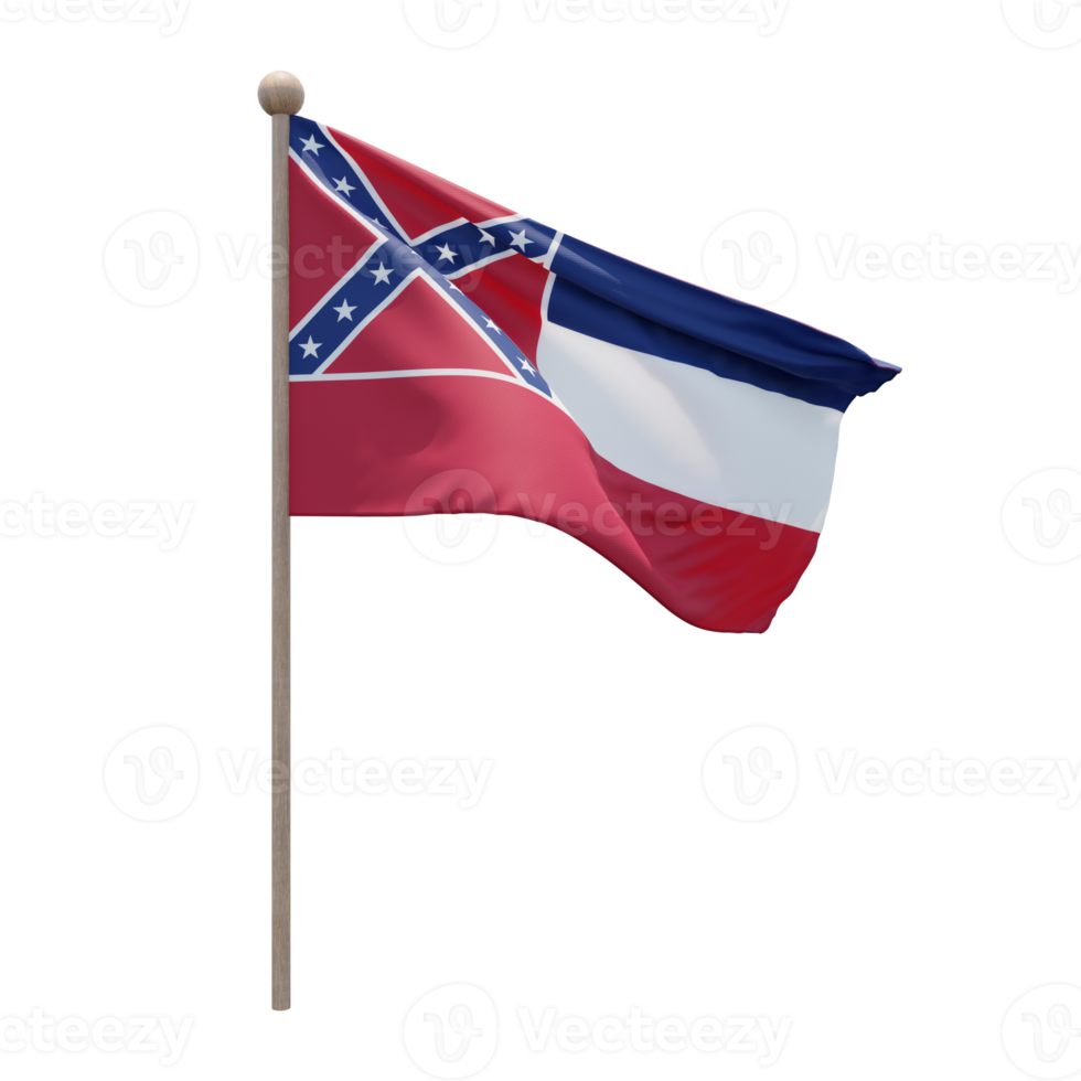 Mississippi 3D-Darstellung Flagge auf der Stange. Fahnenmast aus Holz png