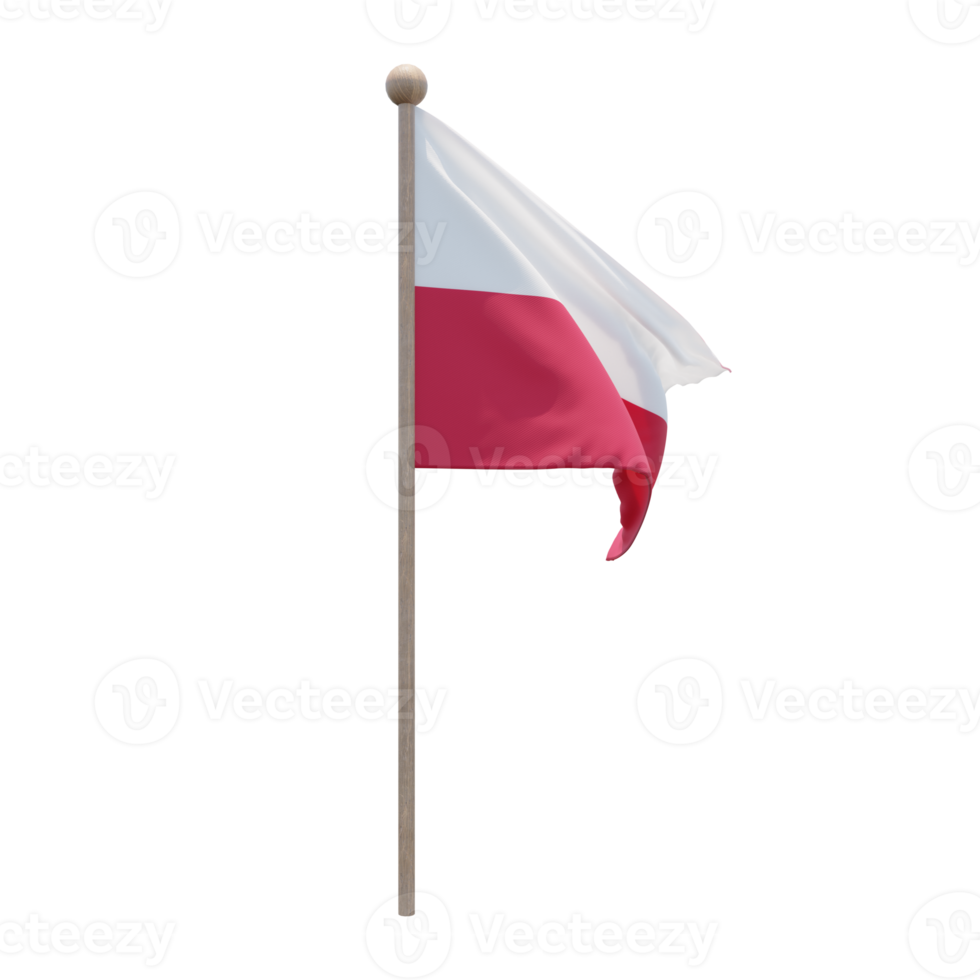 Poland 3d illustration flag on pole. Wood flagpole png