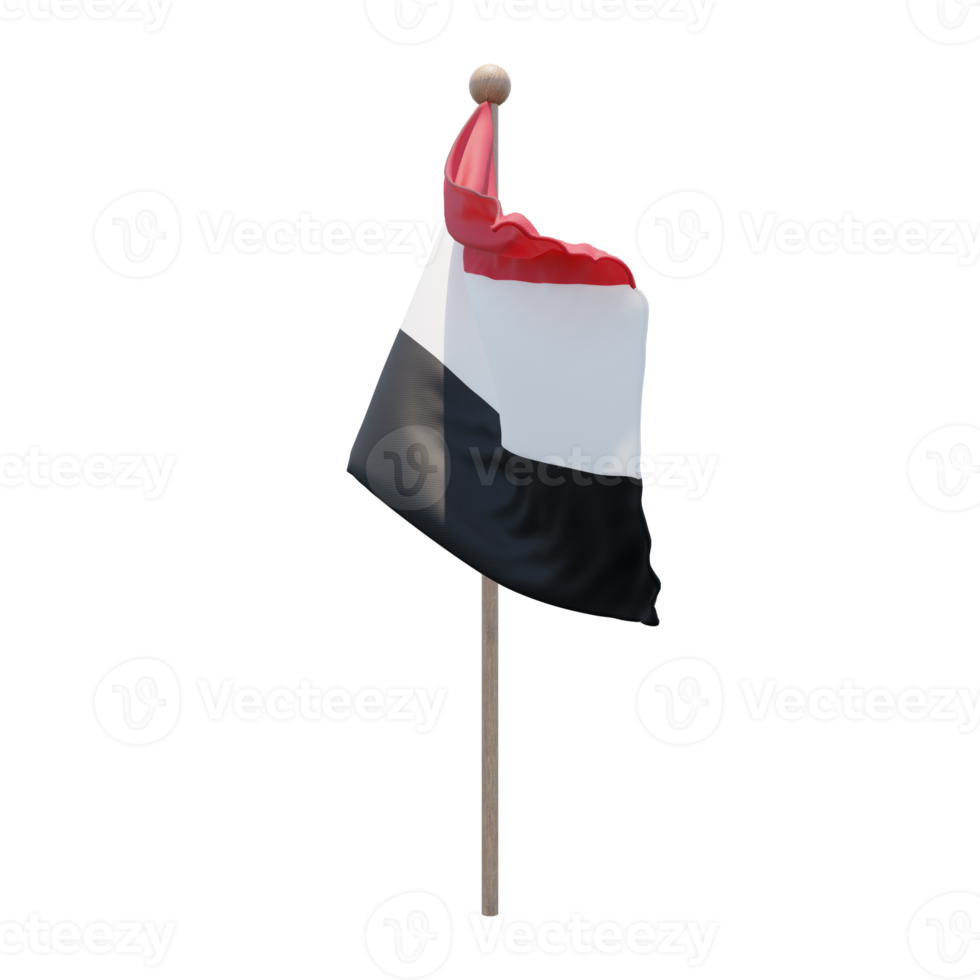 Yemen 3d illustration flag on pole. Wood flagpole png