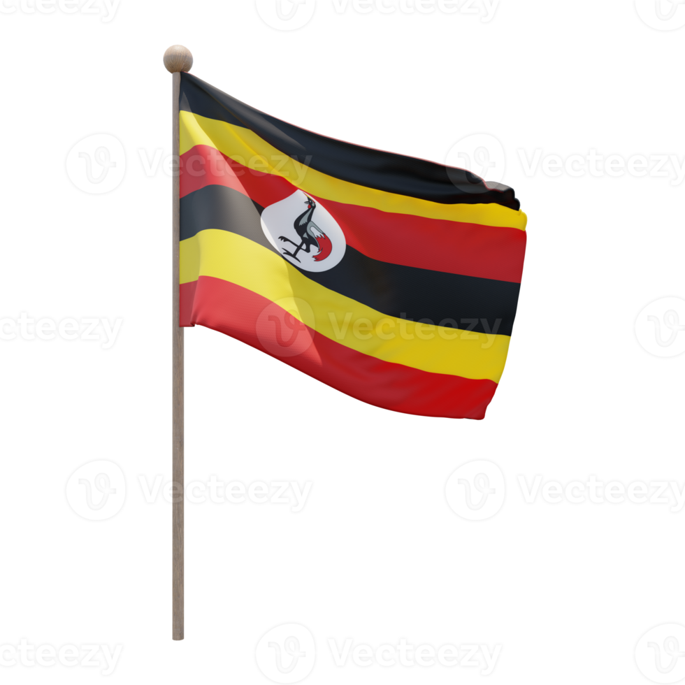 Uganda 3D-Darstellung Flagge auf der Stange. Fahnenmast aus Holz png