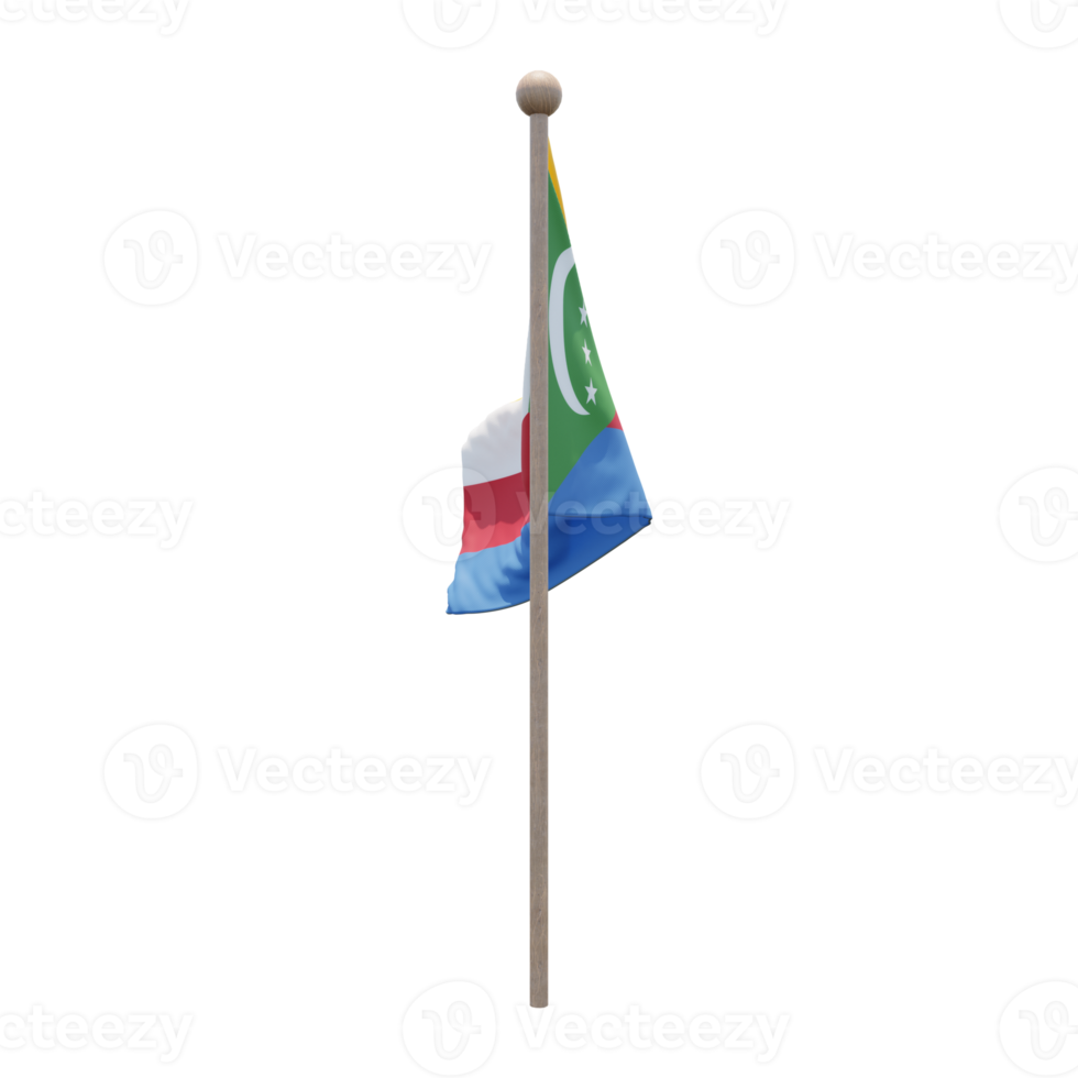 Comoros 3d illustration flag on pole. Wood flagpole png