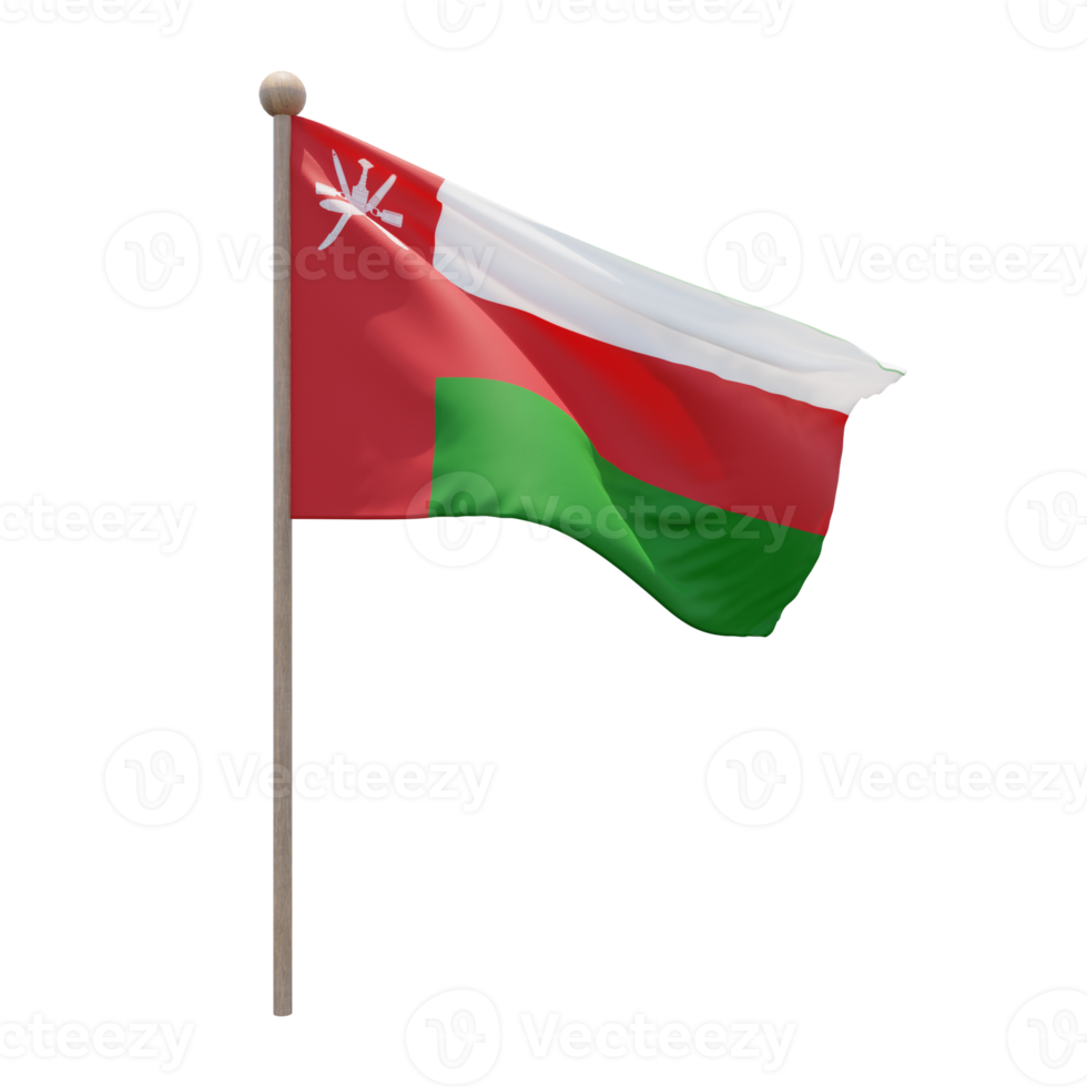 Oman 3d illustration flag on pole. Wood flagpole png