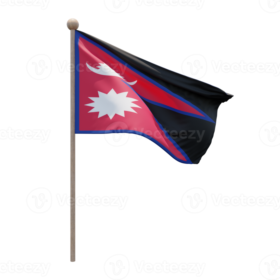 Nepal 3d illustration flag on pole. Wood flagpole png