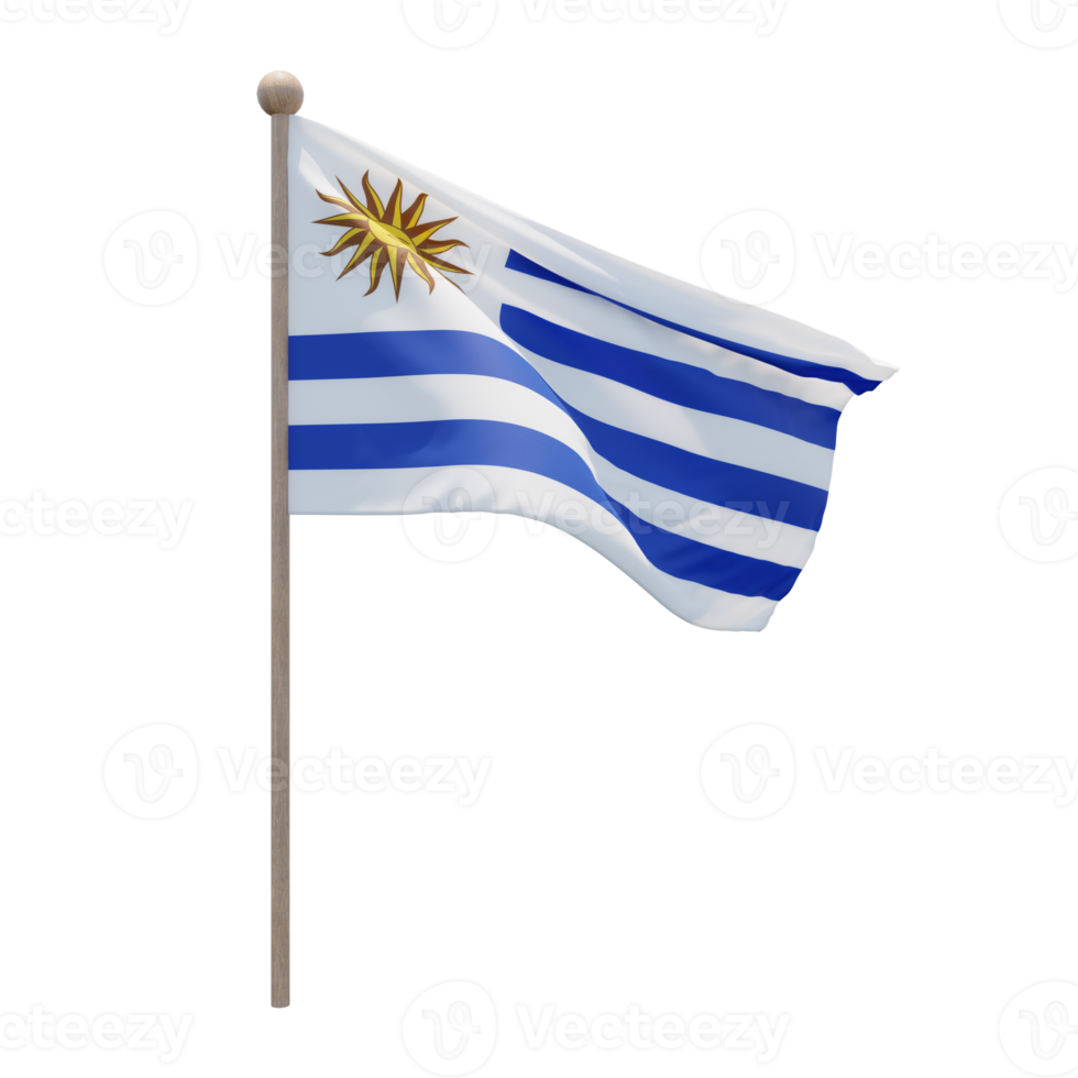 Uruguay 3d illustration flag on pole. Wood flagpole png