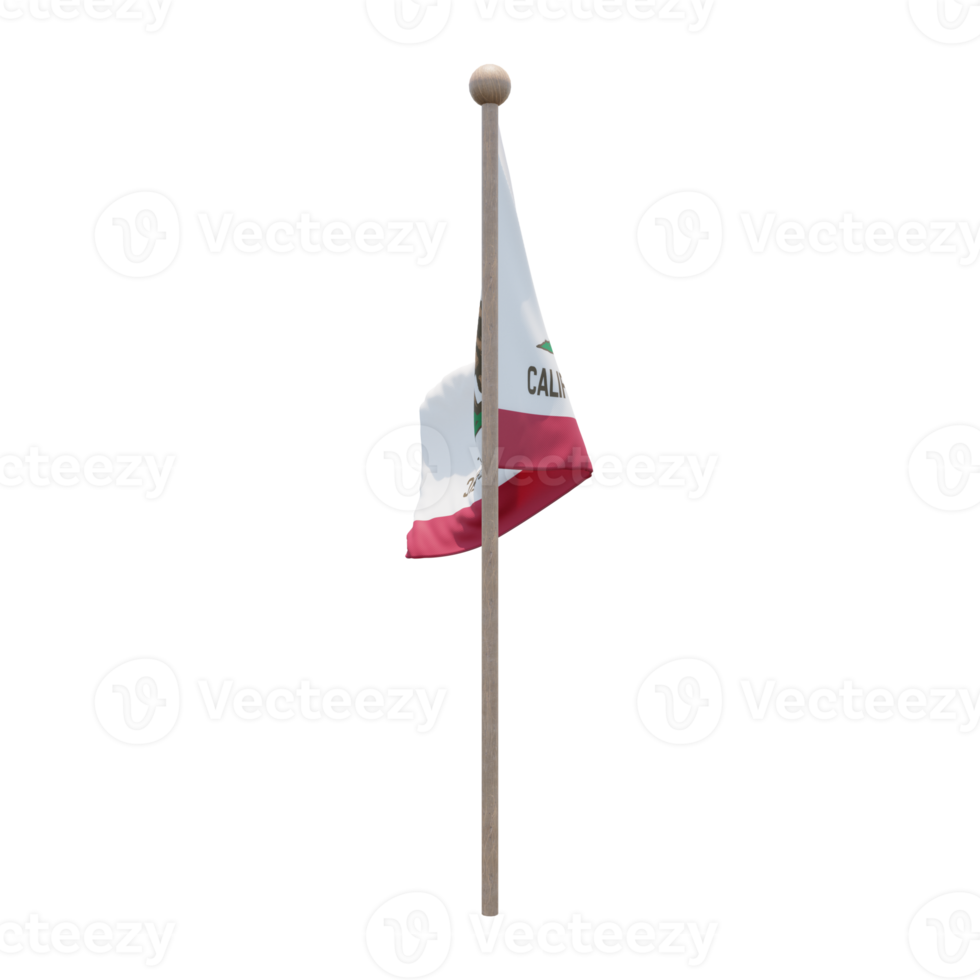 California 3d illustration flag on pole. Wood flagpole png