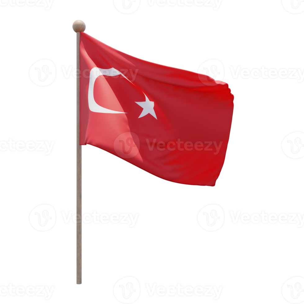Turkey 3d illustration flag on pole. Wood flagpole png