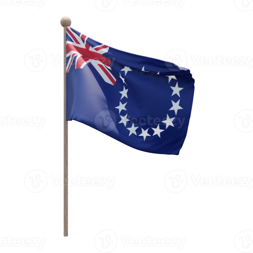 Cook Islands 3d illustration flag on pole. Wood flagpole png