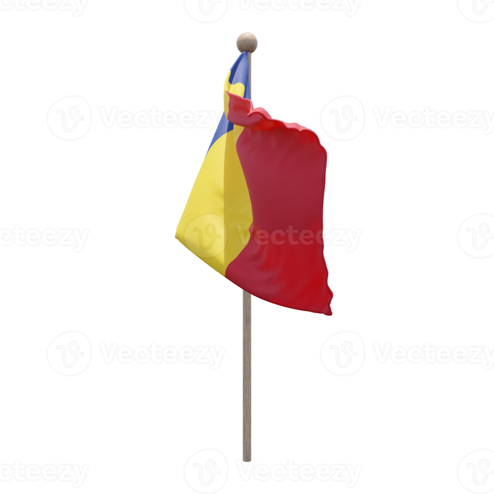 Romania 3d illustration flag on pole. Wood flagpole png