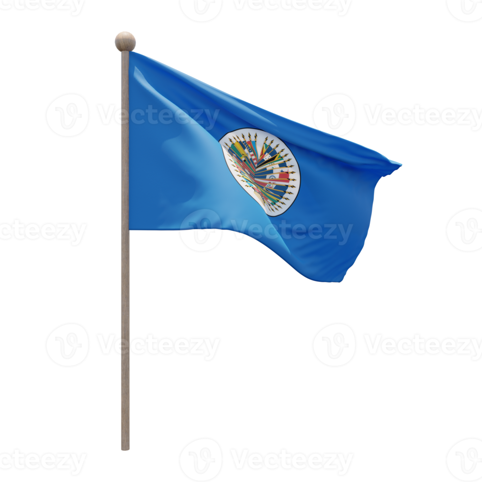 Organization of American States 3d illustration flag on pole. Wood flagpole png