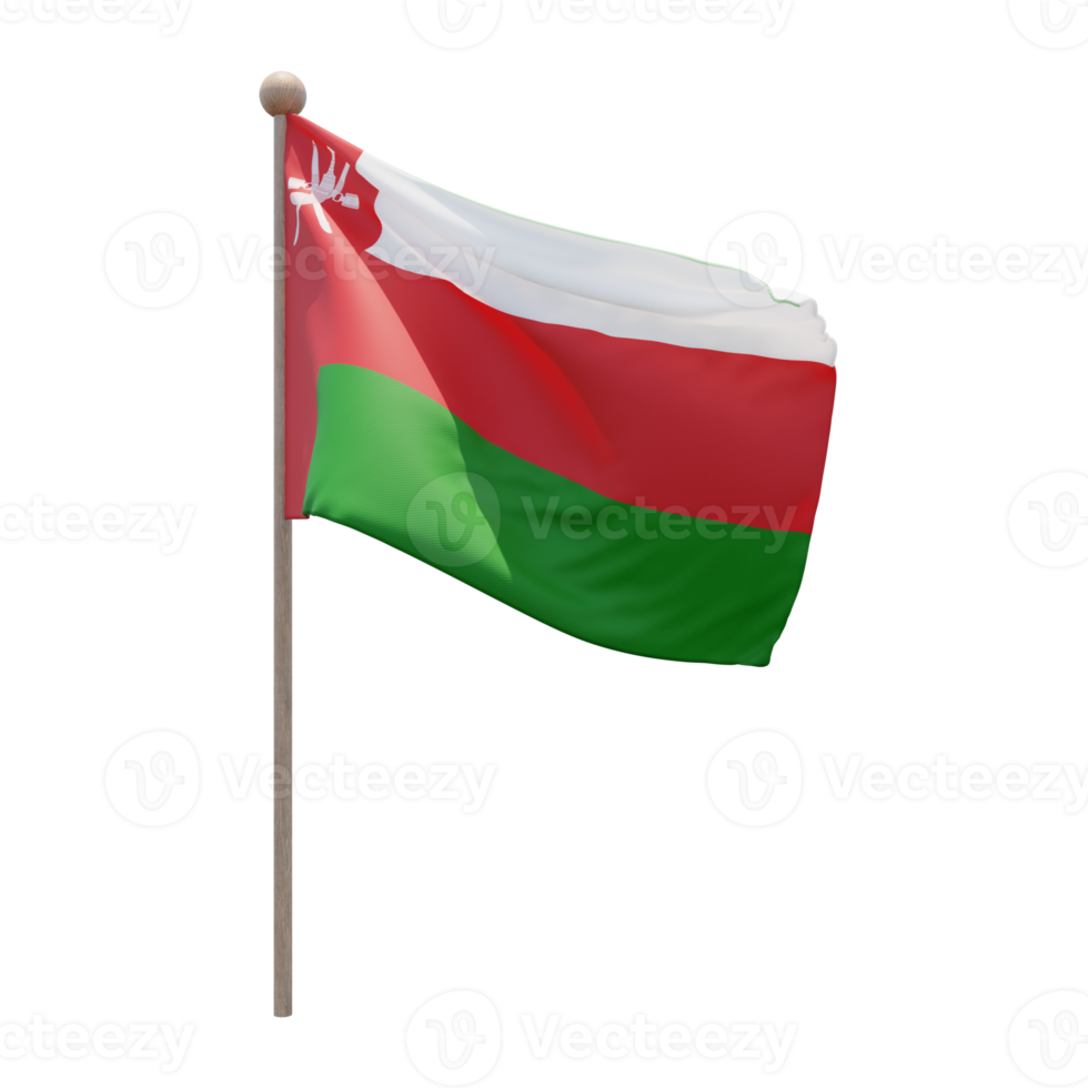 Oman 3d illustration flag on pole. Wood flagpole png