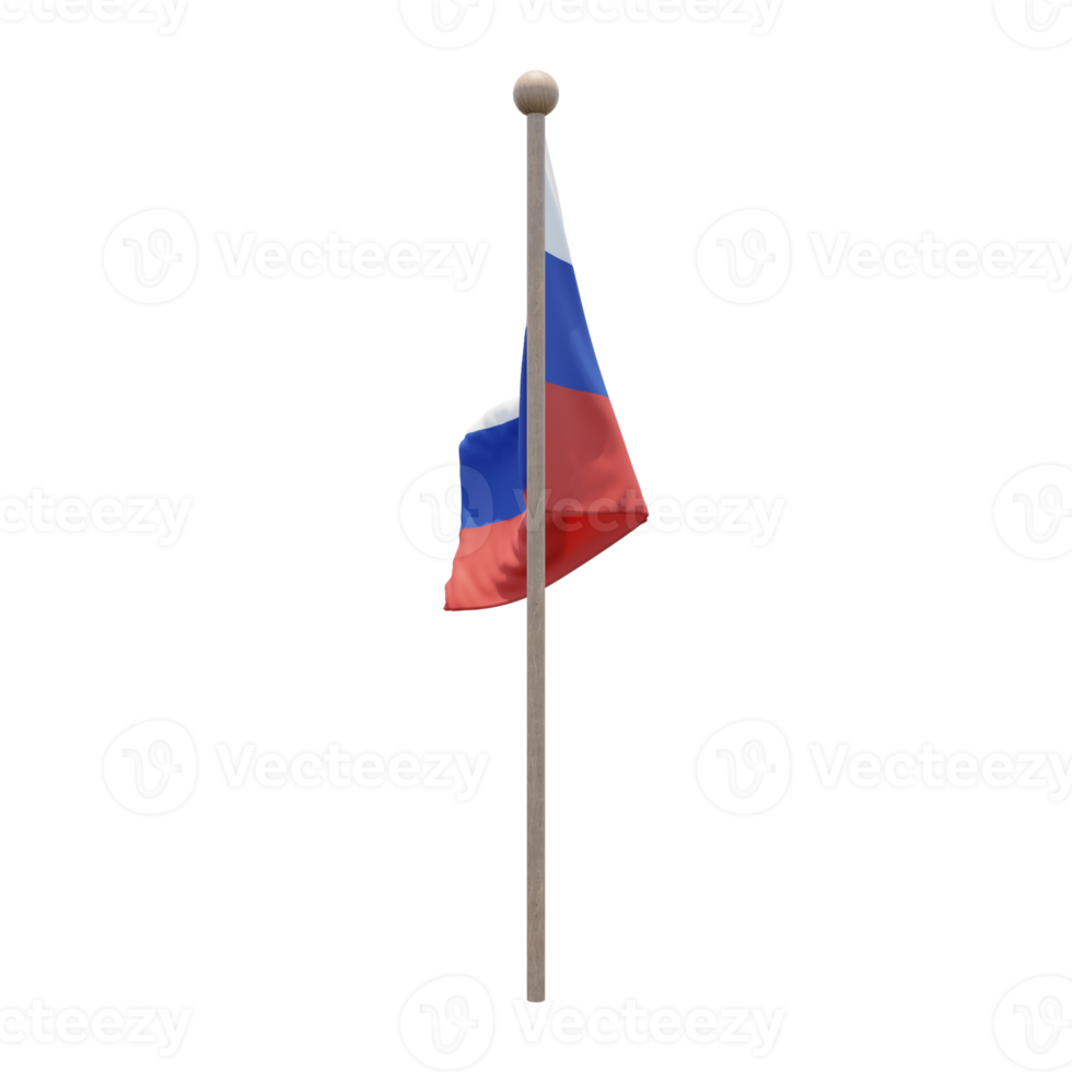 Russia 3d illustration flag on pole. Wood flagpole png