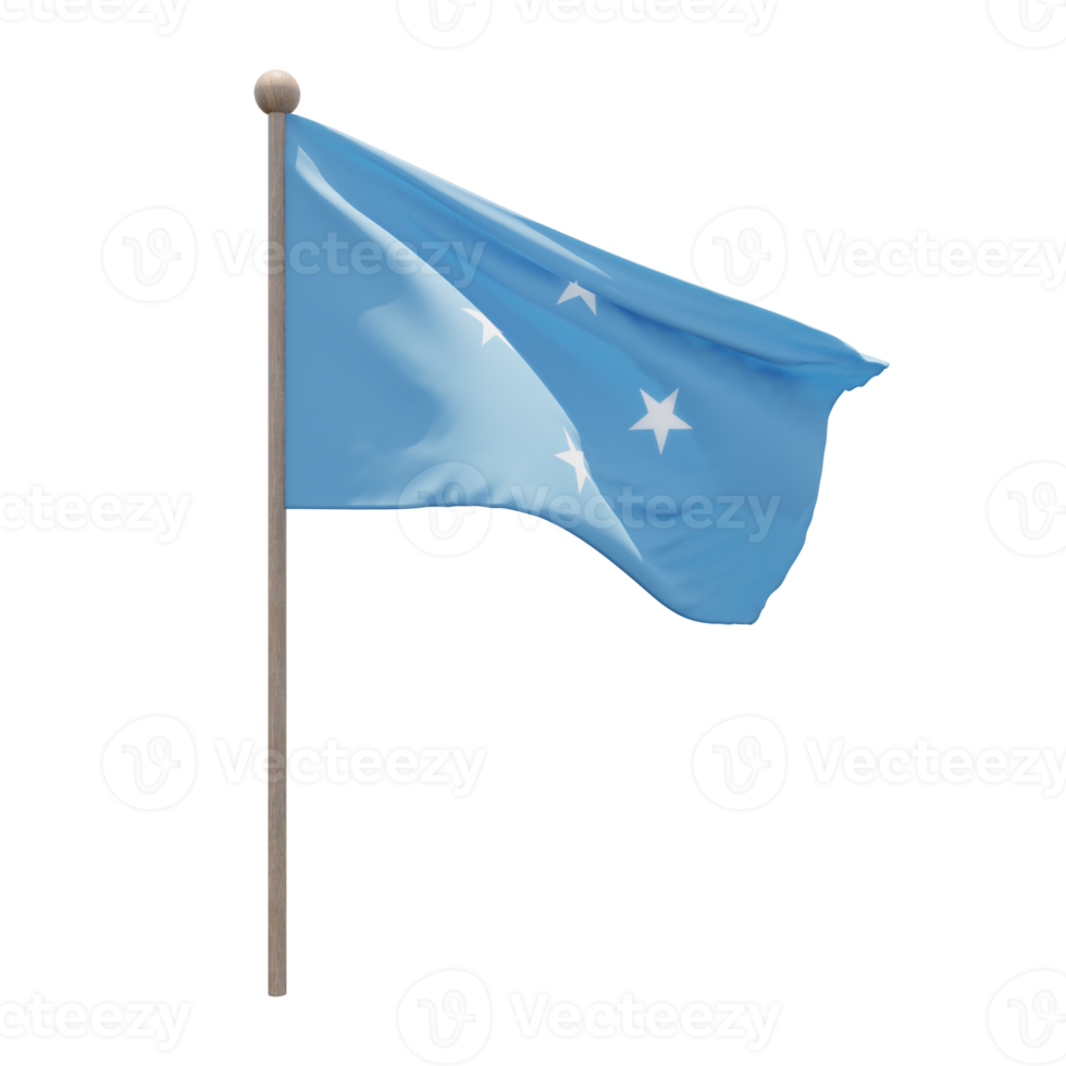 Federated States of Micronesia 3d illustration flag on pole. Wood flagpole png