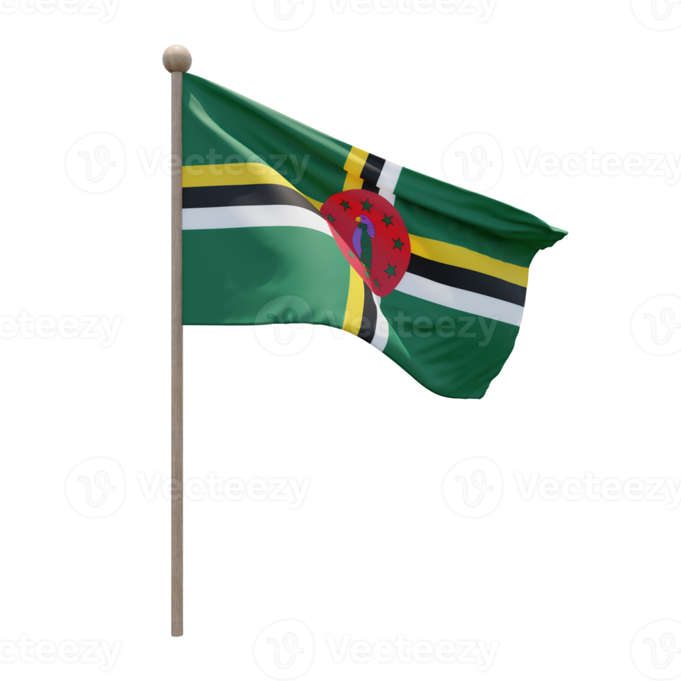 Dominica 3d illustration flag on pole. Wood flagpole png