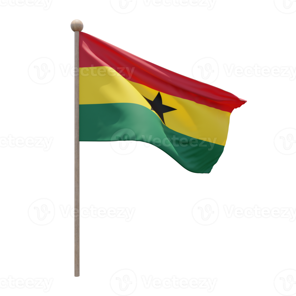 Ghana 3d illustration flag on pole. Wood flagpole png