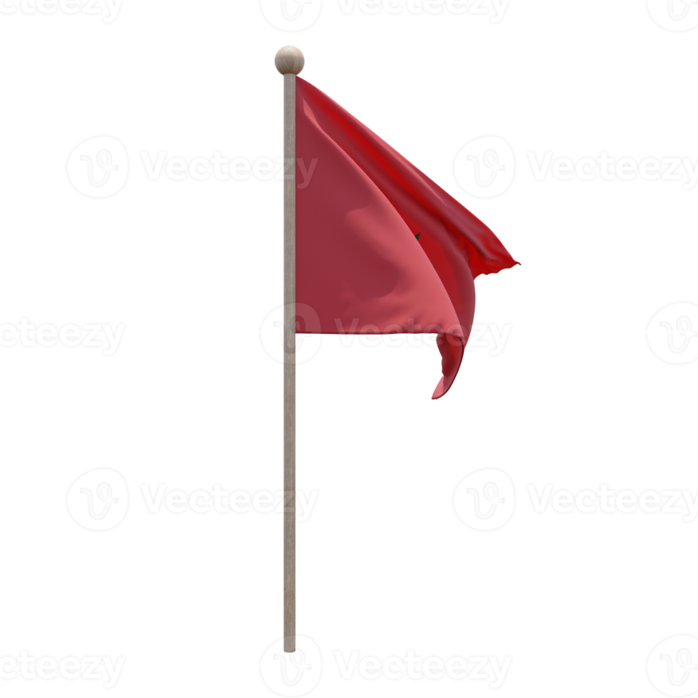 Morocco 3d illustration flag on pole. Wood flagpole png