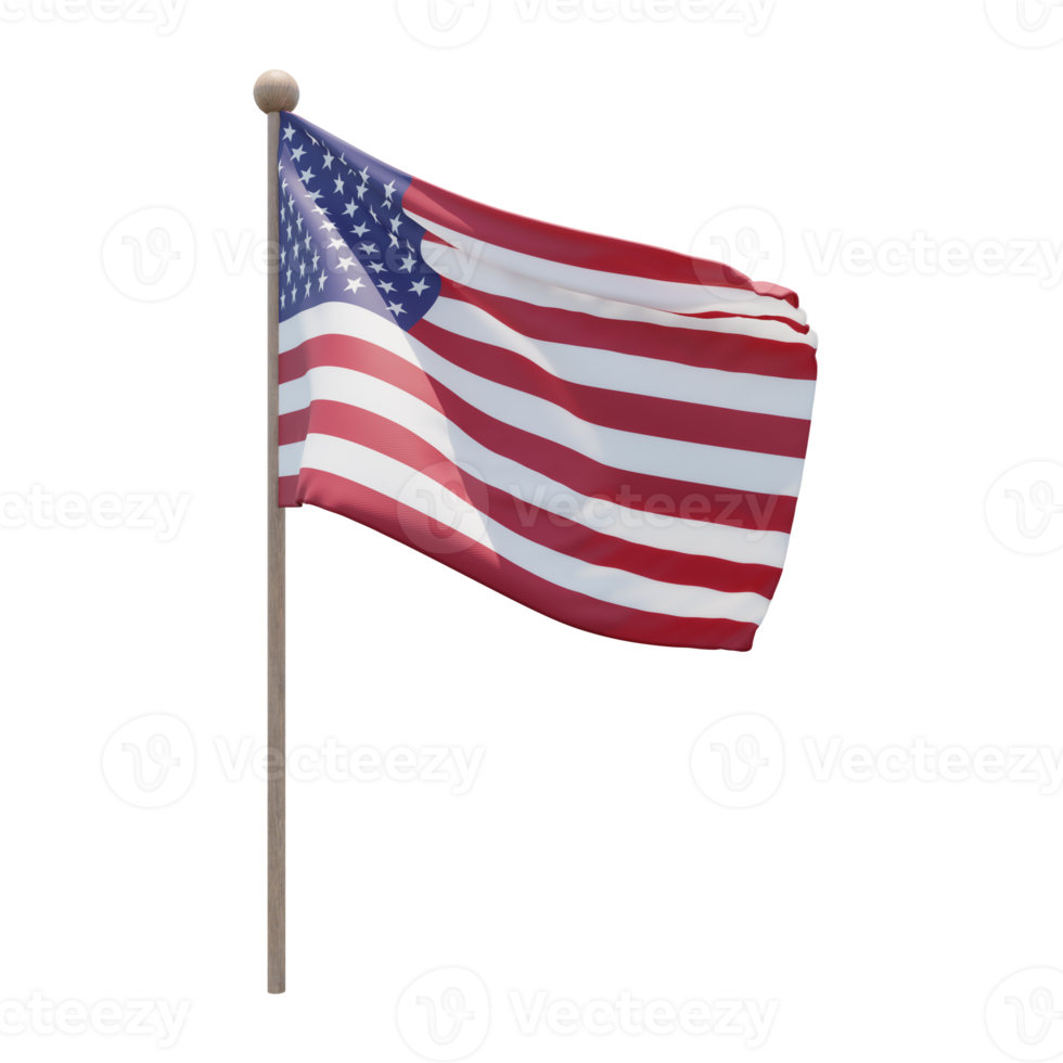 United States 3d illustration flag on pole. Wood flagpole png