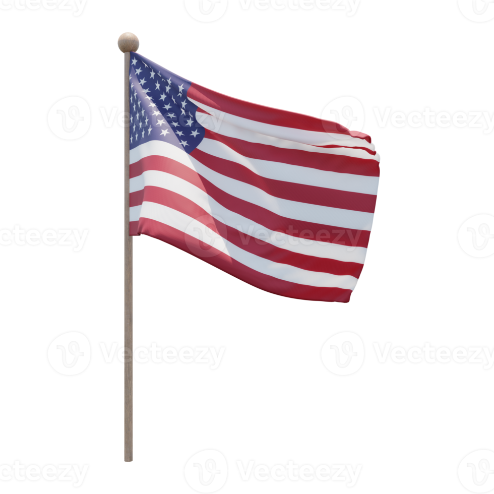 United States 3d illustration flag on pole. Wood flagpole png